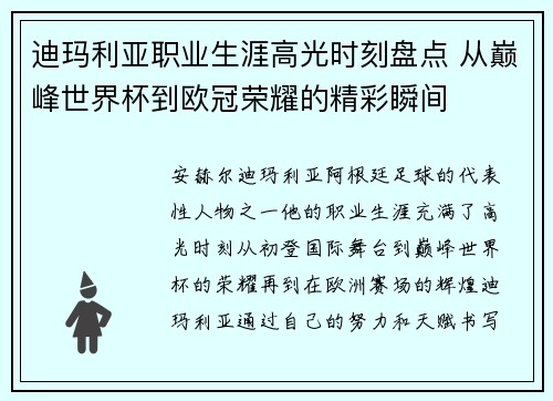 迪玛利亚职业生涯高光时刻盘点 从巅峰世界杯到欧冠荣耀的精彩瞬间