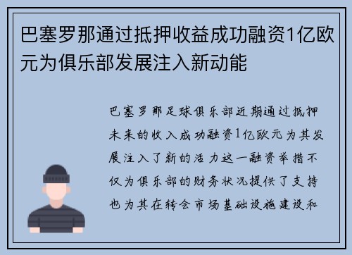 巴塞罗那通过抵押收益成功融资1亿欧元为俱乐部发展注入新动能