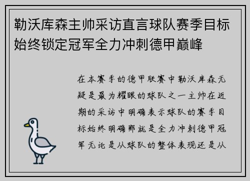 勒沃库森主帅采访直言球队赛季目标始终锁定冠军全力冲刺德甲巅峰